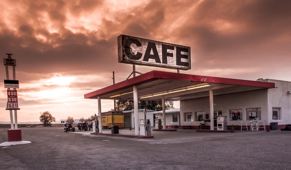 Cafe and gas station adjacent to Route 66 in California., Trip from LA to Las Vegas
