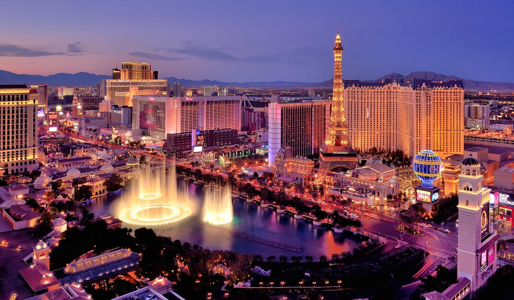 City skyline at night with Bellagio Hotel water fountains, Las Vegas, Nevada, America, USA, trip from LA to Las Vegas