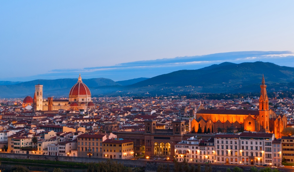 Beautiful views and peace of Florence cityscape in the background Cathedral Santa Maria del Fiore at sunset