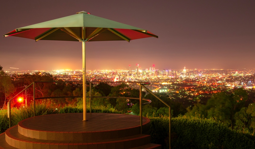 View of Brisbane City from Mount Coot-tha at night. Queensland, Australia.