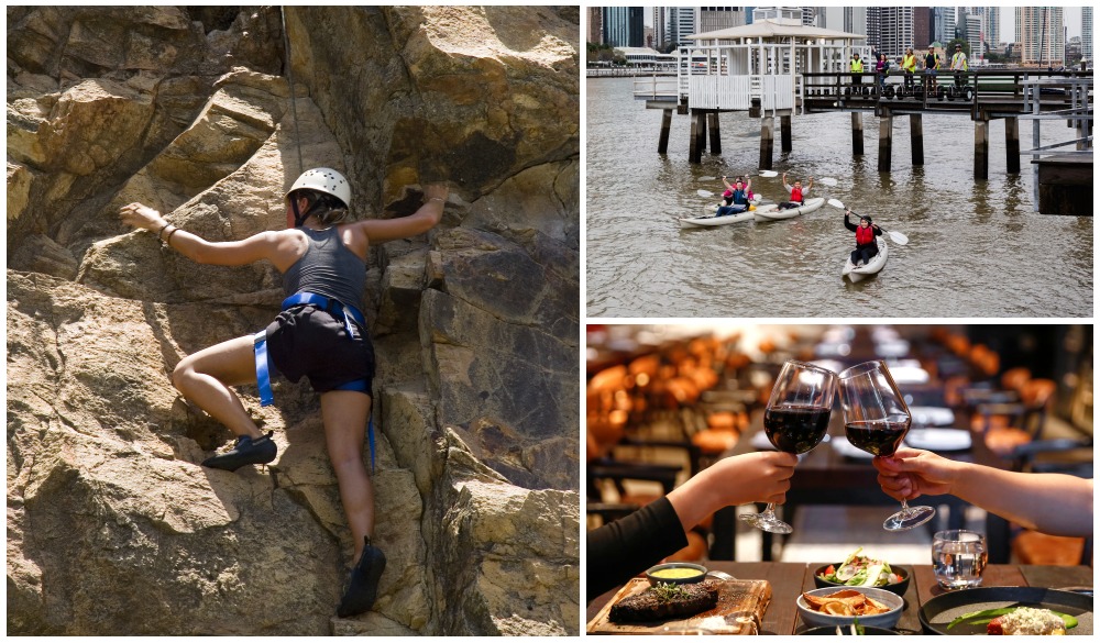 Rock Climber at Kangaroo Point, Kayaking at Brisbane River, Romantic dinner 