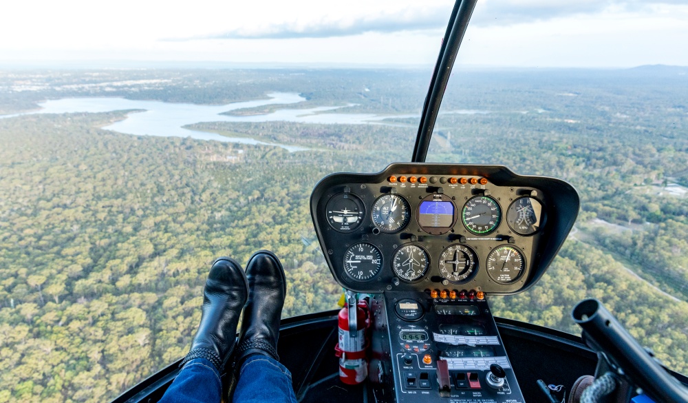 This aerial Point of View (POV) shot was taken whilst flying over the Tingalpa Reservoir in the southern suburbs of Brisbane in a helicopter at sunset.