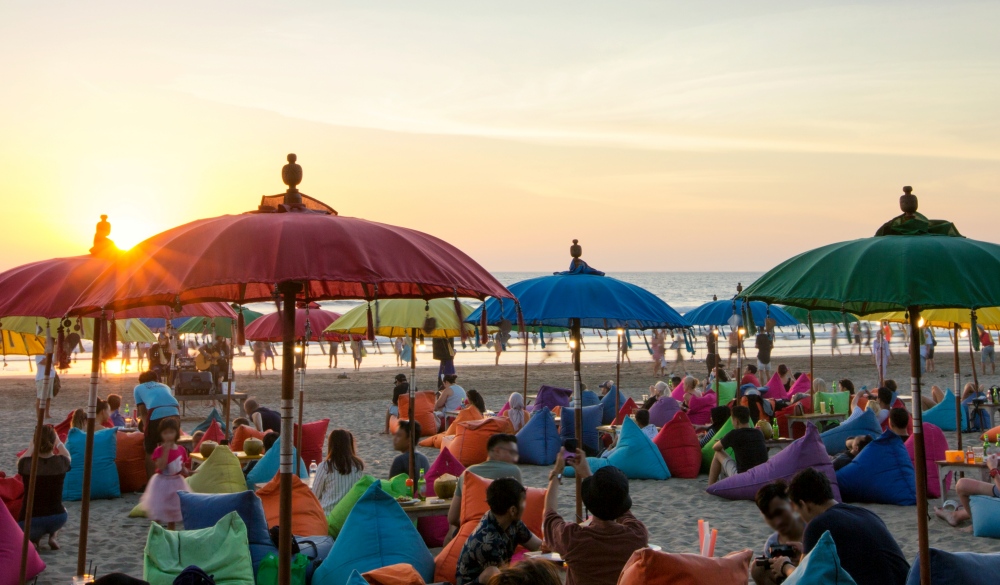 Sunset scene of Seminyak Beach Bali, Indonesia. Features a relaxed coastal ambiance. Kuta, Legian and Seminyak are great places to hang out with its cafes, beaches and restaurants, live music venue, chill out sessions or entertainment.