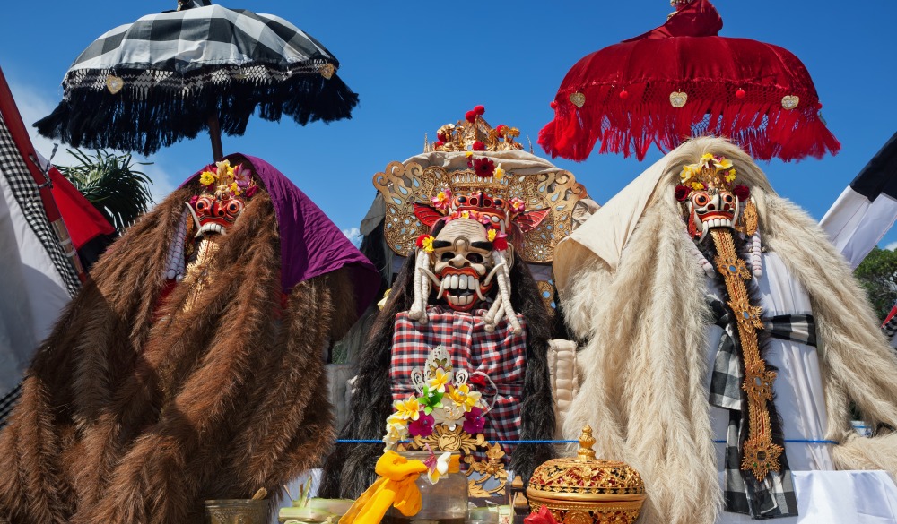 Traditional Barong and Rangda masks. Bali island spirit at ceremony Melasti and ritual temple dance before Balinese New Year, silence day Nyepi. Holidays, festivals, art, culture of Indonesian people.