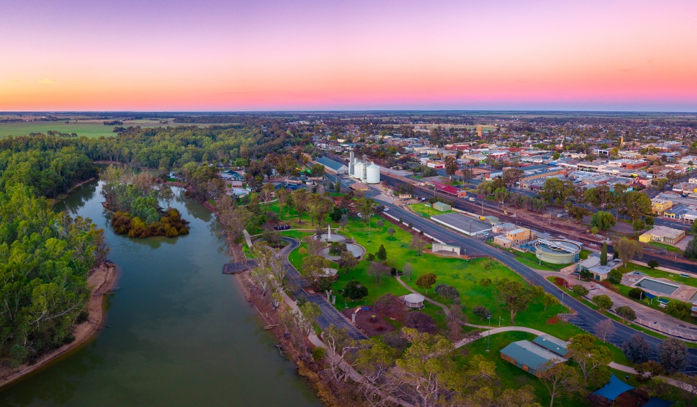 Good Morning Swan Hill. Perfect winter mornings with clear red skies and an awesome sunrise.; Shutterstock ID 1484515667