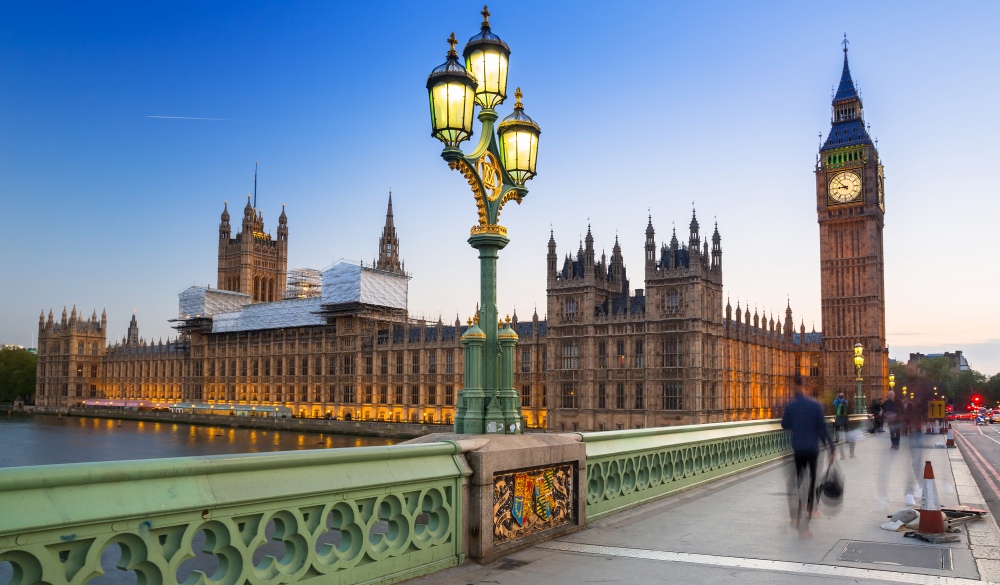 Big Ben and Westminster Bridge in London at dusk, UK; Shutterstock ID 442094926