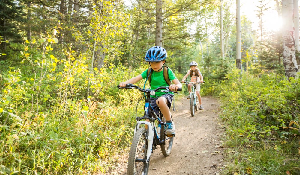 Caucasian children riding mountain bikes