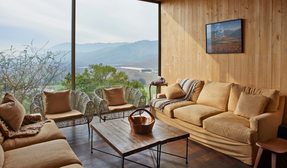 Hotel room with panoramic view of the vineyards in San Vicente, Chile;
Vina Vik Retreat