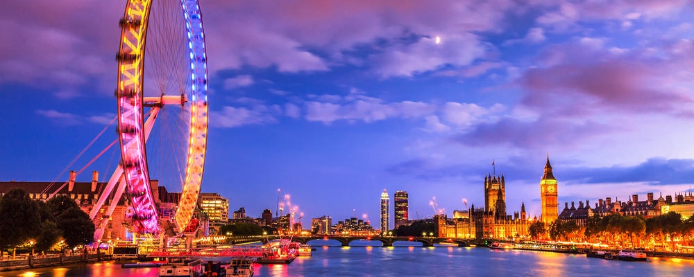 London at twilight. London eye, County Hall, Westminster Bridge, Big Ben and Houses of Parliament.; Shutterstock ID 366175394; Purpose: London Eye; Brand (KAYAK, Momondo, Any): Any