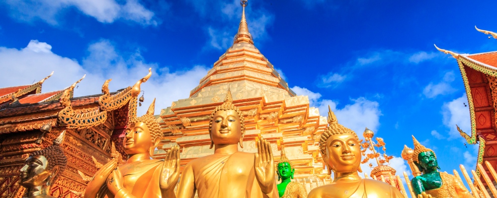 Golden pagoda wat Phra That Doi Suthep chiangmai Thailand, They are public domain or treasure of Buddhism, no restrict in copy or use ; Shutterstock ID 230178199