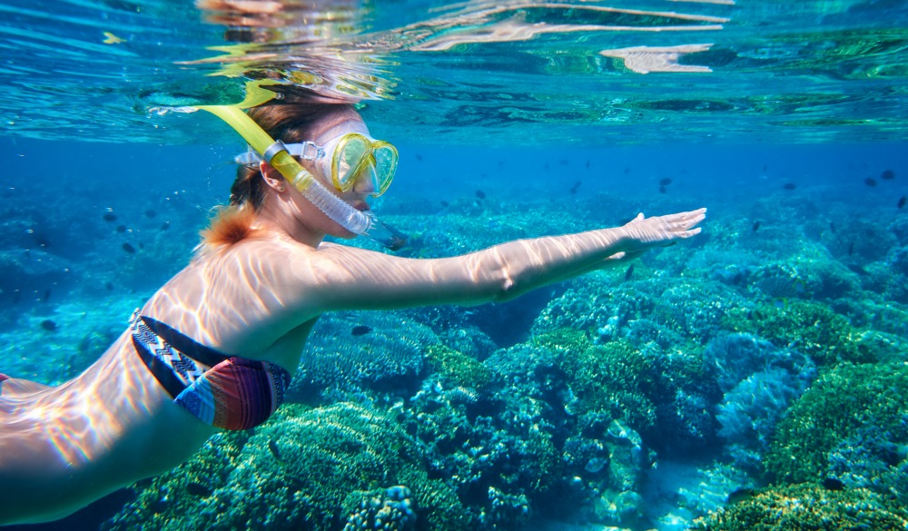 Young woman swimming above the colorful coral reef island Bunaken. Indonesia; Shutterstock ID 569145037