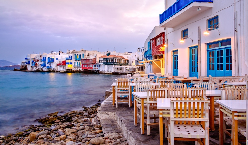 Beautiful sunrise at Little Venice on Mykonos island, Cyclades, Greece; Shutterstock ID 381742882