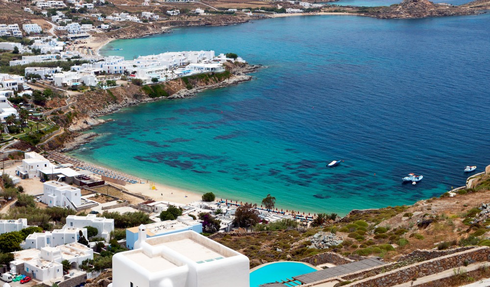 Platis gialos and the famous Psarou beach at Mykonos island in Greece