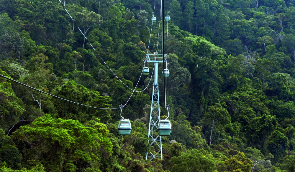 Skyrail Rainforest Cableway, a 7.5 kilometre scenic cableway running above the Barron Gorge National Park a World Heritage in the Wet Tropics of Queensland, Australia.