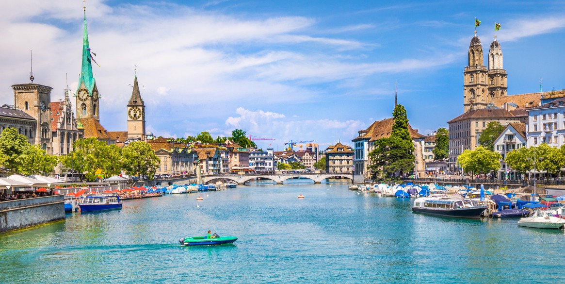 historic Zurich city center with famous Fraumunster, Grossmunster and St. Peter and river Limmat