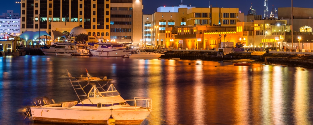 View of Dubai Creek in the evening, UAE