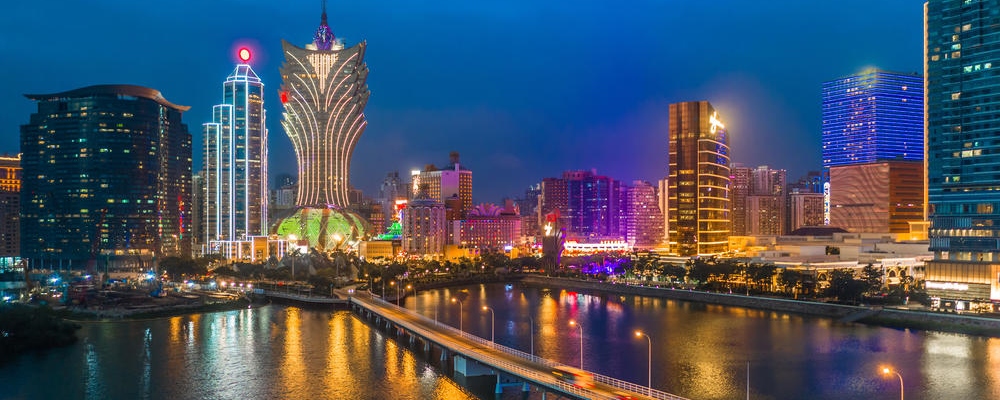 Macau cityscape at night, all hotel and casino are colorful 