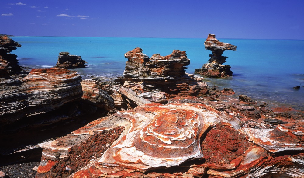 eroded rock formations, roebuck bay, on coast south of broome, wa, australia