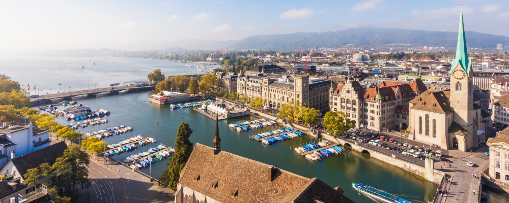  Zurich, Cityview, Limmat River, Town House Quai, Fraumuenster Church and Muenster Bridge