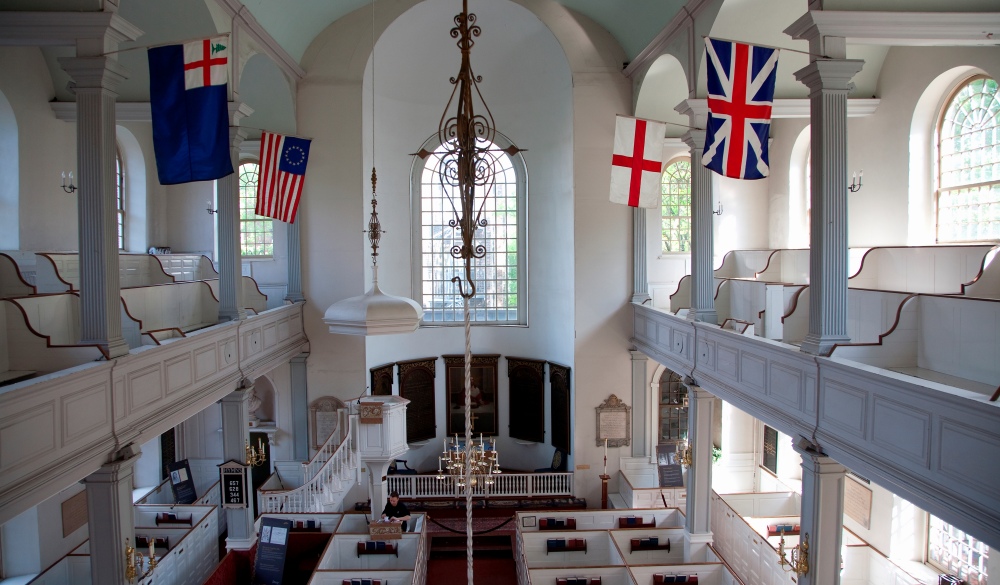 Elevated interior view of historic Old North Church, now known as Christ Church, built 1723, where lantern was hung for Paul Revere's ride, American Revolution, North End, Boston, MA