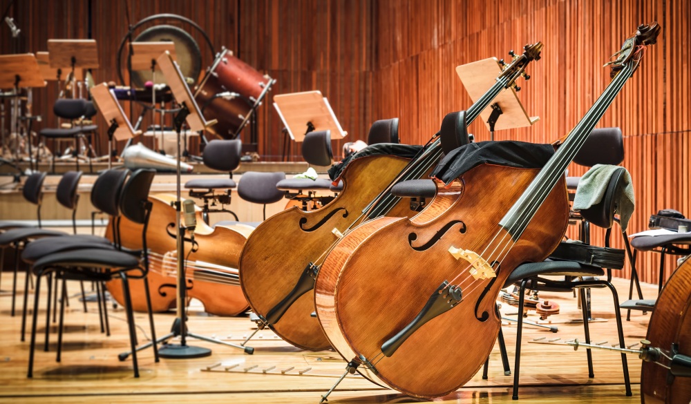 Cello Music instruments on a stage, Boston Historical Site