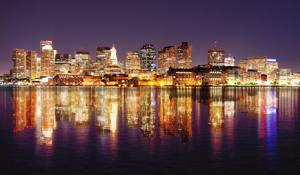 Boston harbor City Night Lights with Reflections