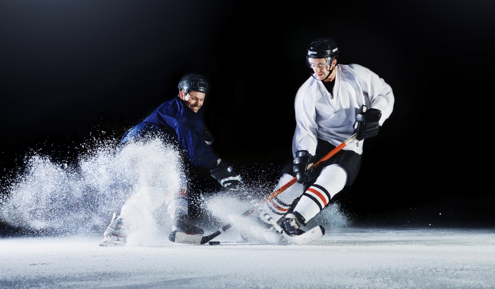 Stadium, cold, ice, ice hockey stick, light flare, skates, sports clothing, protective clothing, competition, ice rink, ice spray, balance.