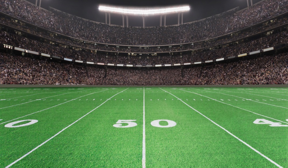 American football stadium, 50 yard line view