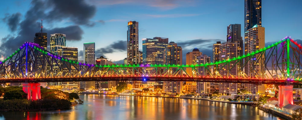 Cityscape image of Brisbane skyline panorama, Australia during dramatic sunset.