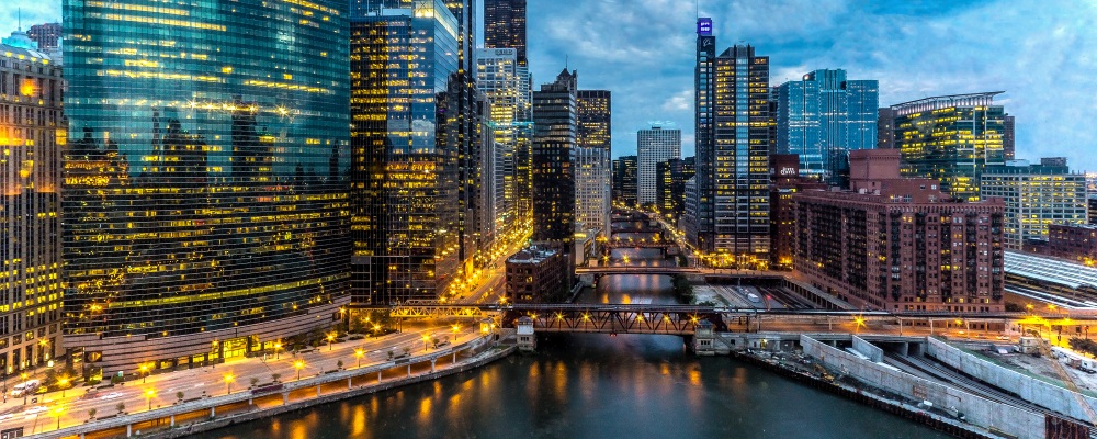 Beautiful blue hour sunset view of downtown Chicago and the river.