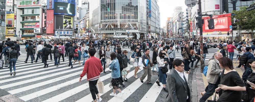 The famous Shibuya crossing in Tokyo, Japan, during the day in may 2017