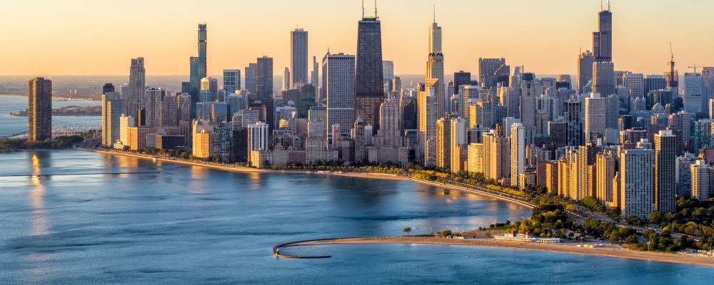 Aerial View of Chicago Lake Shore Dr at sunrise in Autumn - October 2019