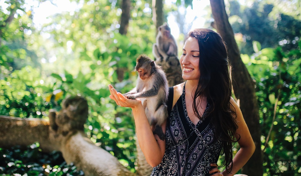 Ubud Monkey Forest, Bali Indonesia, Woman feeding monkey