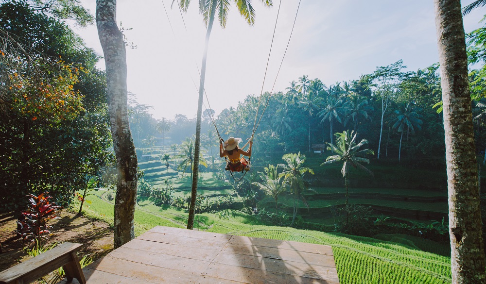 Beautiful girl visiting the Bali rice fields in tegalalang, ubud. Using a swing over the jungle. Concept about people, wanderlust traveling and tourism lifestyle