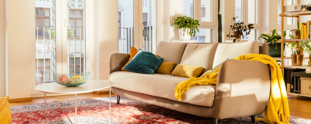 Living room area with Persian rug in loft apartment