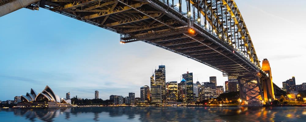 Dramatic panoramic sunset photo Sydney harbor