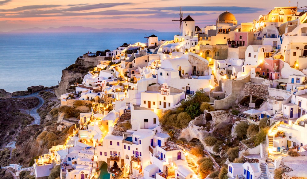 Landscape view of the Oia at sunset, Santorini, Greece.