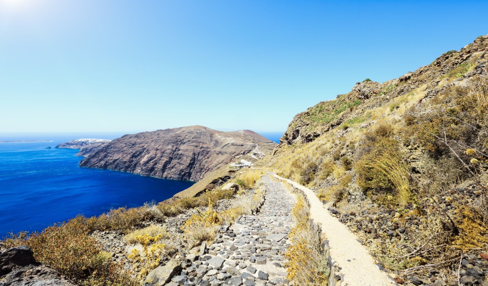 Walkway Path from Fira to Oia along the beautiful Caldera Coastline of Santorini Island in 