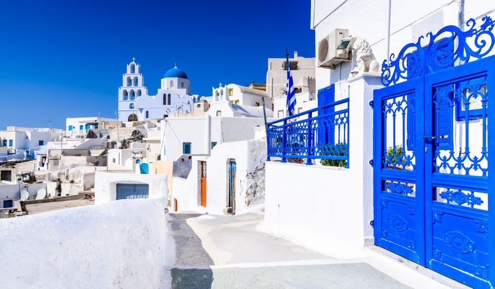 white village with cobbled street