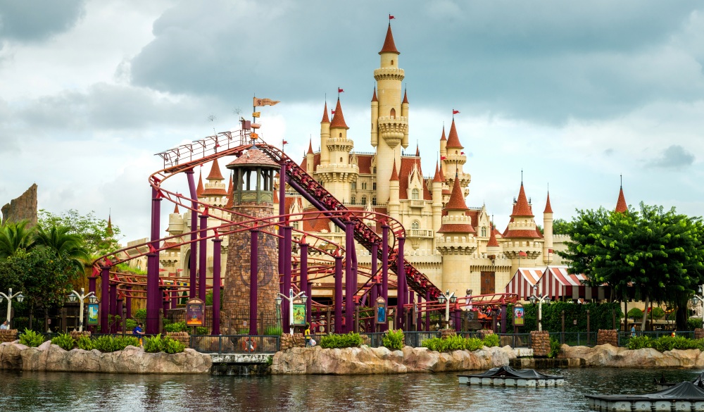 amusement park , Amusement park rides with a very blue sky as background  , beautiful castle and roller coaster in Universal studio; Shutterstock ID 585727598