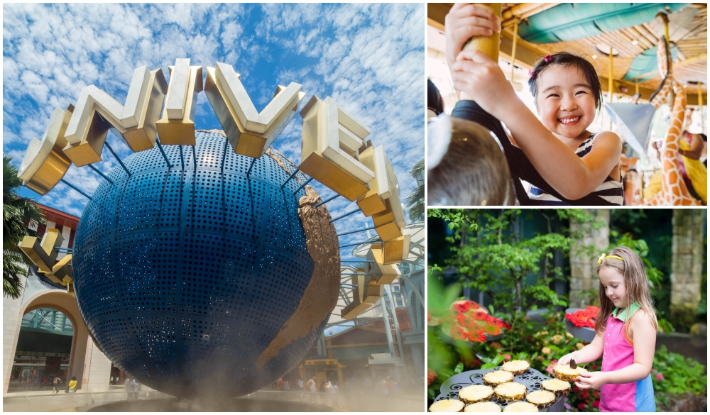 Universal Studios Singapore, girl riding a carousel, butterfly garden at Changi Airport