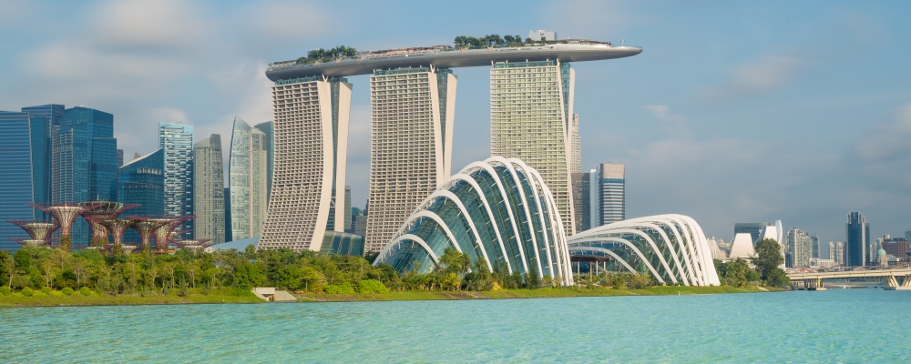 Singapore city skyline in morning at Marina bay; Shutterstock ID 357566573