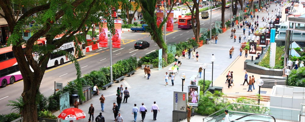Aerial view of sidewalk of Orchard road in Singapore