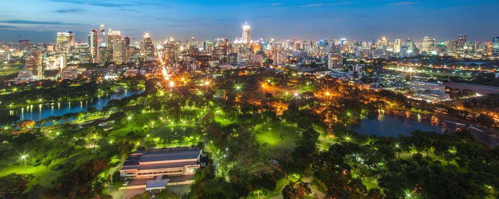 Lumpini park with Bangkok skyscraper at night, Thailand.