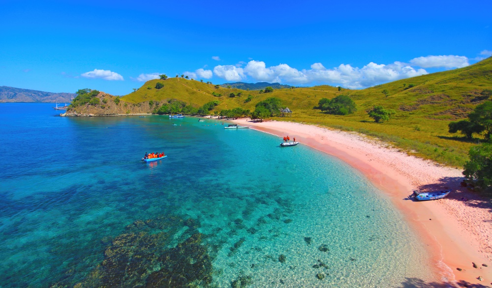 View of beautiful Pink Beach at Flores Island, Indonesia