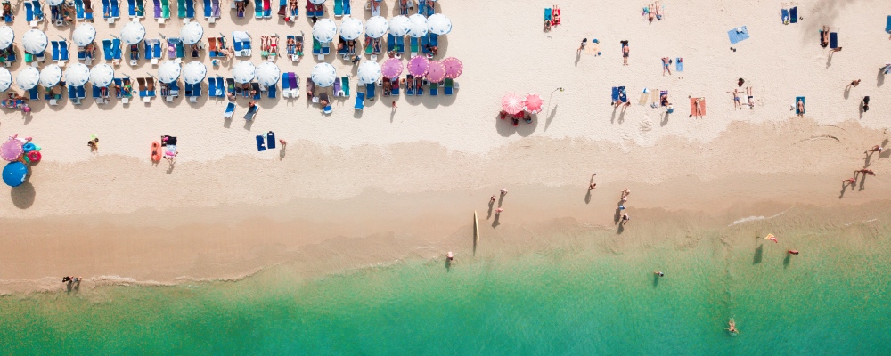 Aerial view of crowded Patong beach, Patong beach is one of dream destination for vacation in Phuket, Thailand .