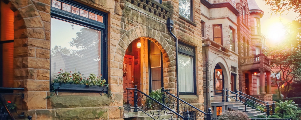 Chicago row house neighborhood at sunset