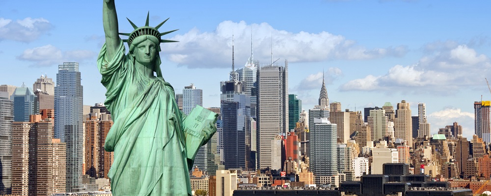 New York City skyline cityscape with Statue of Liberty