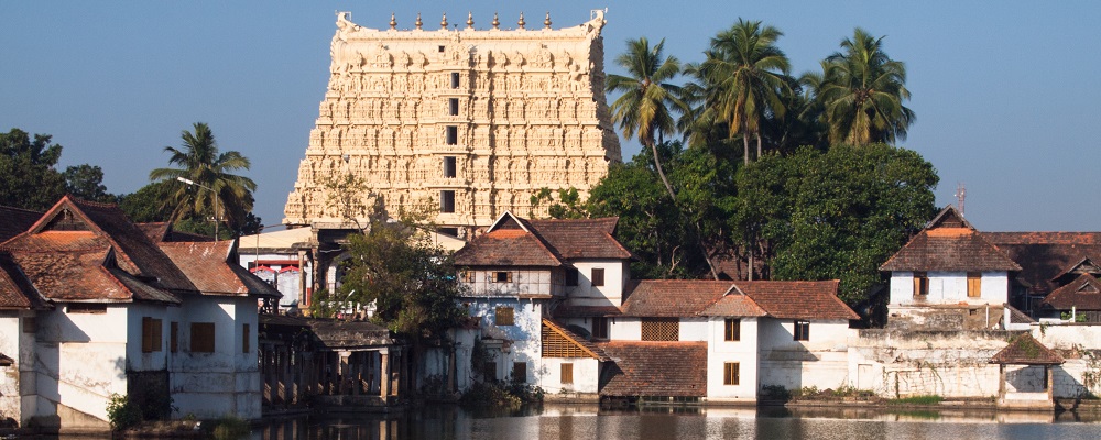 View over pond on gopuram of Sree Padmanabhaswamy Temple in Thiruvananthapuram (aka Trivandrum), Kerala, India