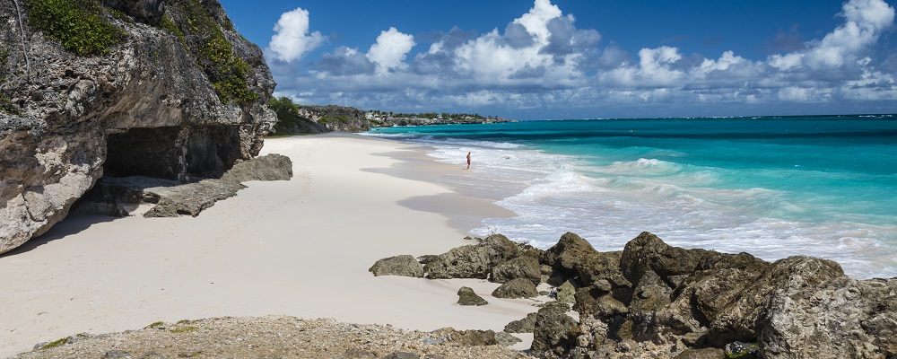 One person enjoying the whole beach to themselves on Crane Beach on the east coast of the Caribbean island of Barbados in the West Indies